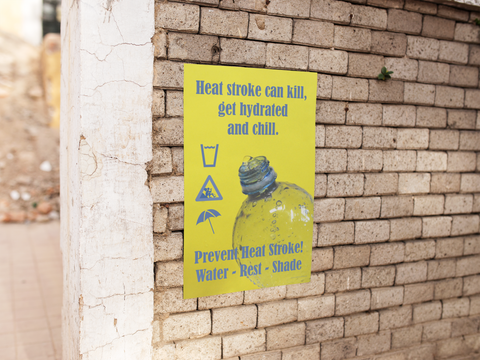 A neon yellow heat stress safety poster with bright blue text and infographics all around a close up of an opening of a water bottle.