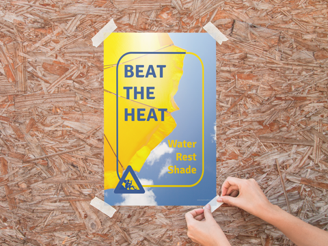 A heat stress safety poster depicting a bright yellow umbrella with a bright blue sky in the background with safety slogan text and an infographic portraying someone resting.