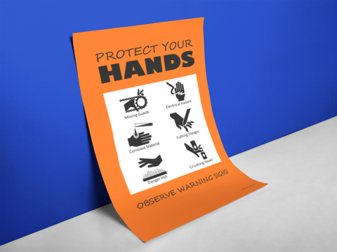 A hand safety poster with infographics warning how to protect your hands.