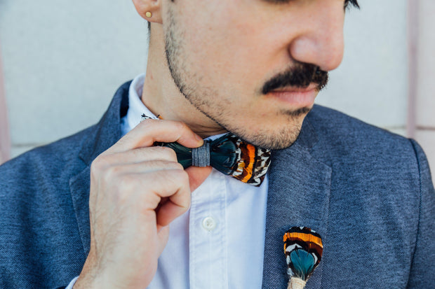  Vibrant Orange Feather Bow Tie & Lapel Pin Set, Handmade  Accessory for Men