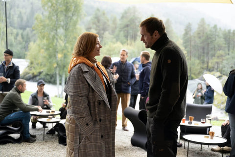 Sarah Snook and Alexander Skarsgård in a “Succession” scene filmed at Juvet Landscape Hotel