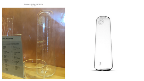 The image is split in half. The left side shows a glass decanter sitting on a retail shelf. The right side shows a product shot of the same decanter. The decanter is pill shaped and glass with a pour spout circle near the top.