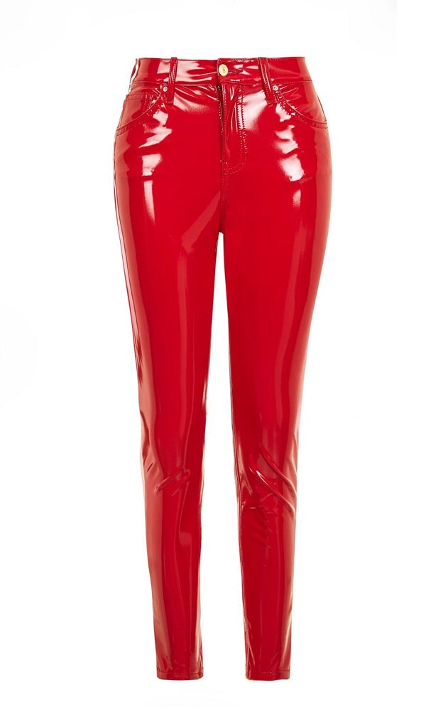 red latex jeans