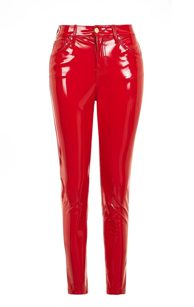 red shiny leather pants