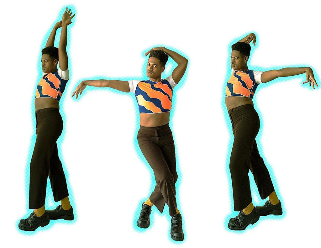 triptych of model dancing in designer's top.