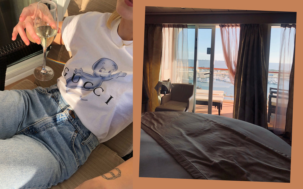 left to right: person in a gucci shirt holding a champagne glass, and a view of the balcony to the beach.