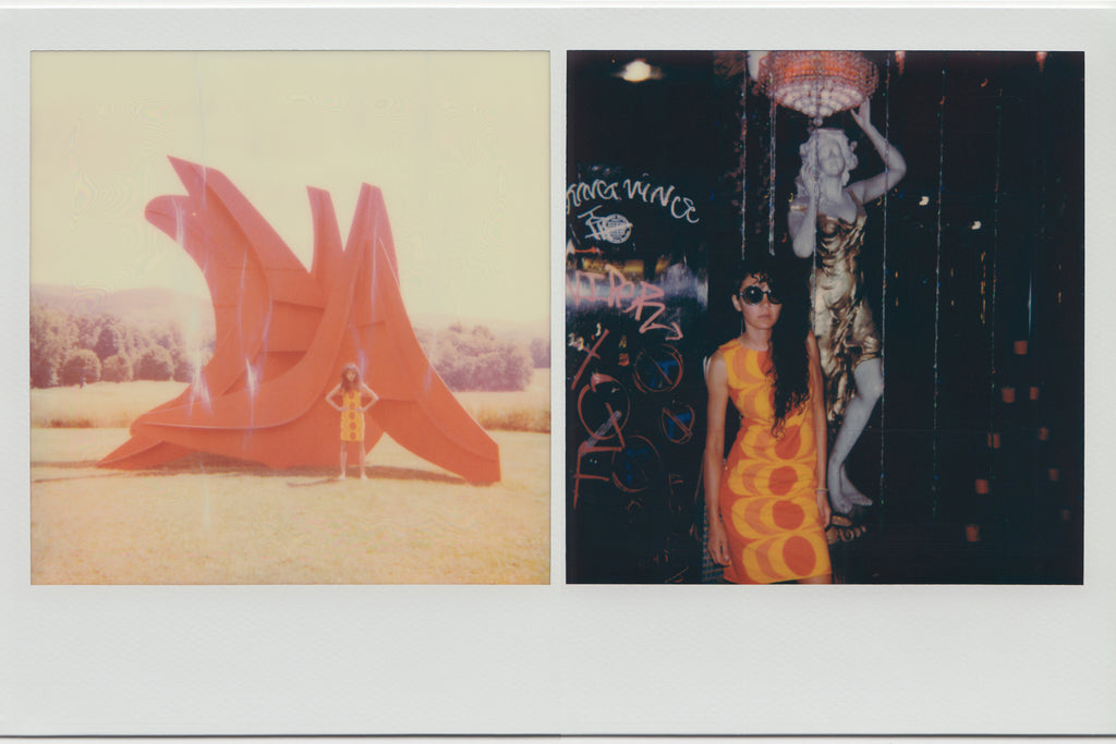 polaroid diptych of aisha gunnell in front of alexander calder statue and bar wall scene.