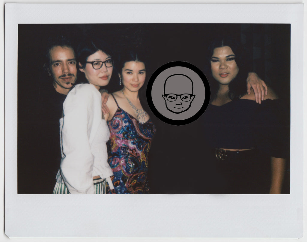 people in a group posing, and beacon's closet logo - polaroid style. 
