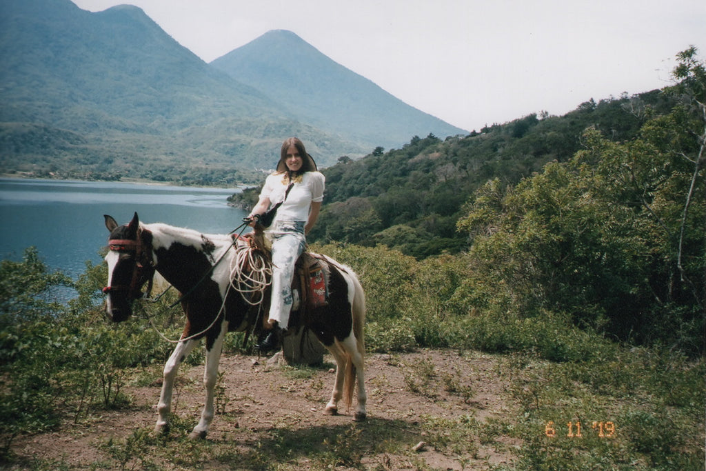 person posing on horse at top of mountain.