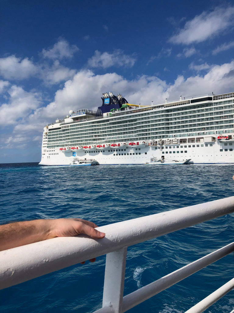 a person view of a cruise ship in the ocean.