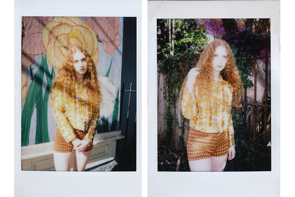 diptych of two polaroids of model posing.