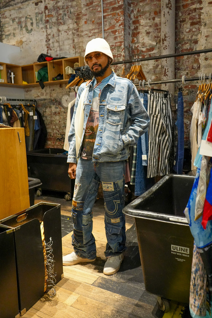 denzel saunders in their own denim design.