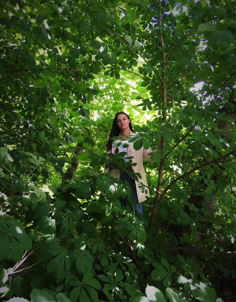 a person standing in the middle of a forest.