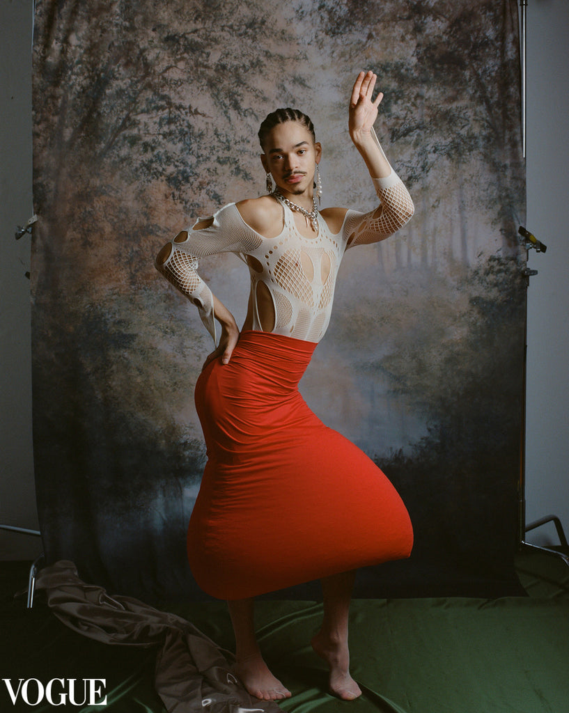 model posing in abstract skirt.