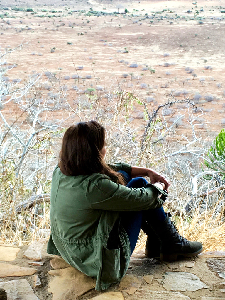 a person sitting on a rock overlooking a desert.