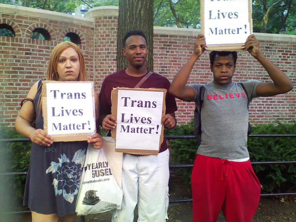 three people holding up 'trans lives matter!' signs.