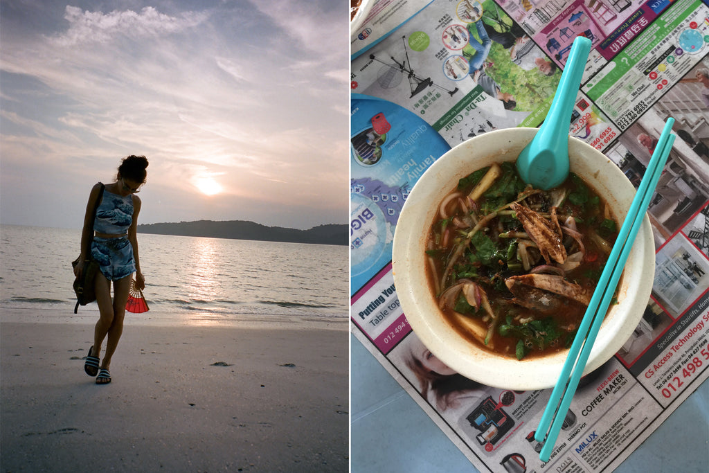 left to right: person standing, behind the ocean & sunset, and a dish.  