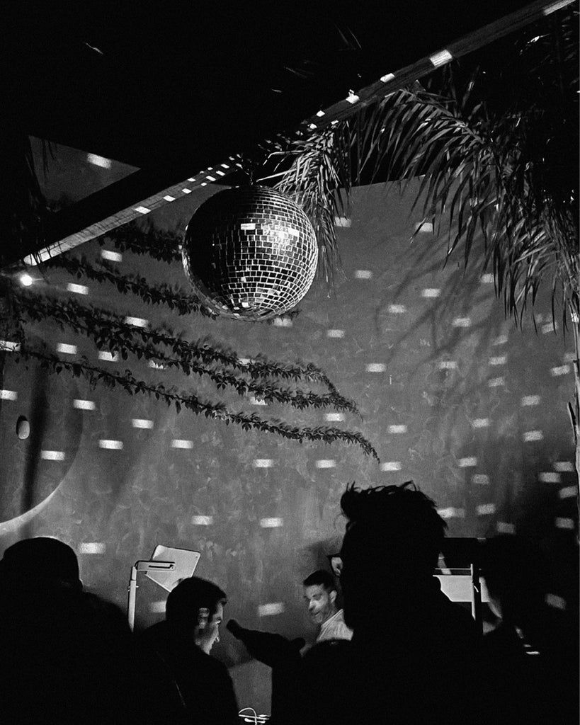 black and white image of disco ball 