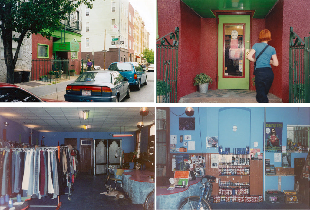 the first beacon's photo montage, the exterior red building with green awning, interior, blue walls with lots of clothes on racks, a shepard mix dog in a red chair