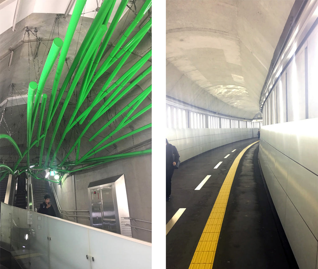 two pictures of a subway, tunnel with green wires.