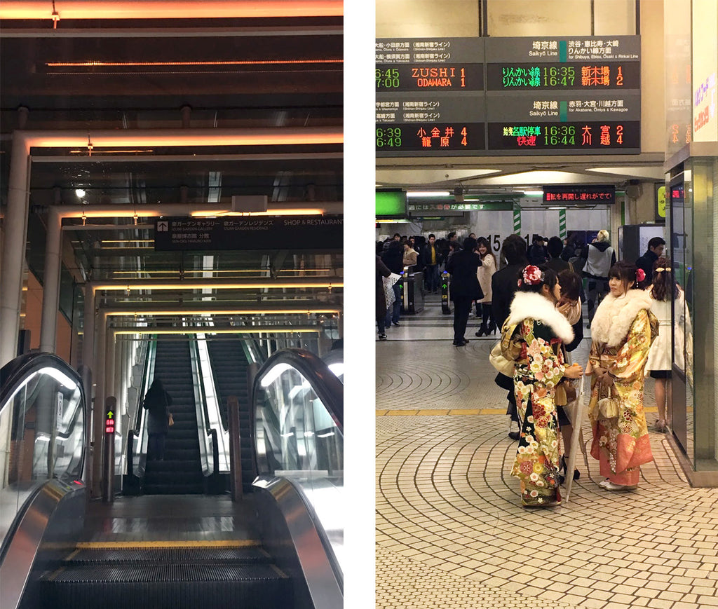 two pictures: people in kimono walking, and an escalator.