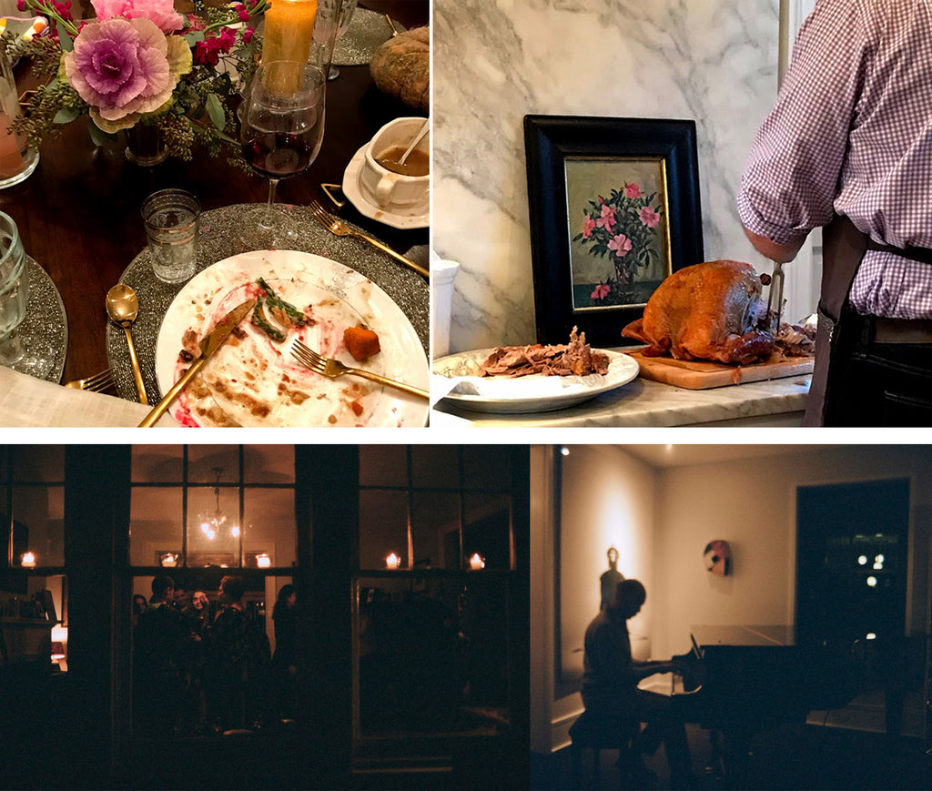 left to right: a table with plates, silverware, and flowers on it; person preparing a turkey in front of a painting; a group of people standing in front of a window at night; and a person playing a piano in a dark room.