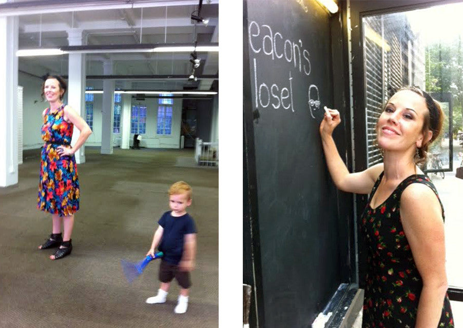 beth and baby sammy standing in empty and emerging manhattan location