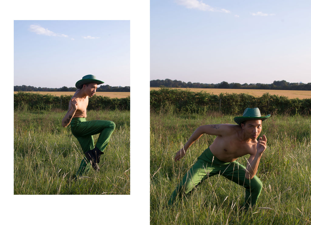 two pictures of a person in green pants and a hat, posing. 
