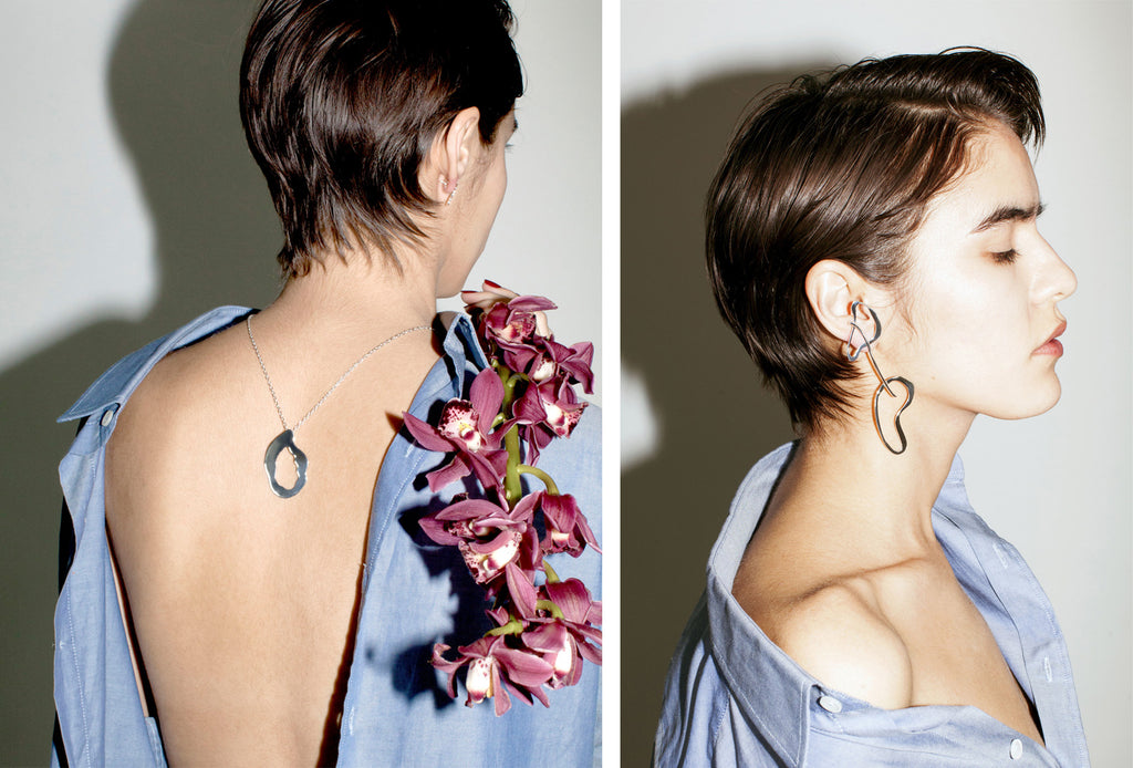diptych of model showing necklace and earrings featuring orchids.