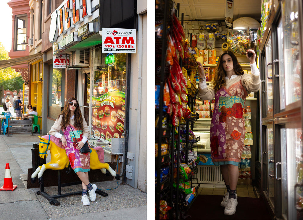 diptych of toiby leaning on vintage child's horse ride outside Brooklyn deli with 'welcome to hipster deli' and 'atm' signage and toiby inside deli isle. 