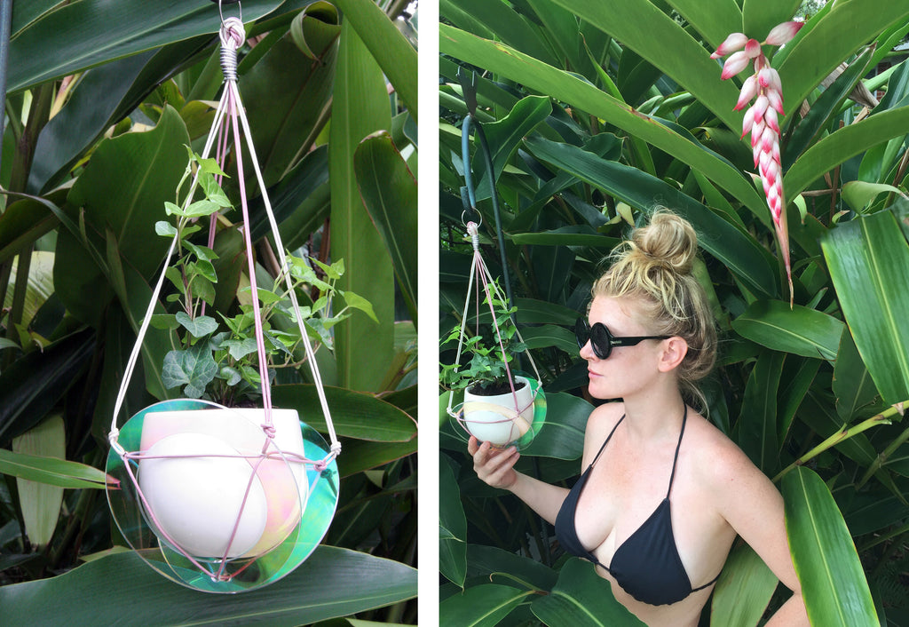 left to right: close up of hanging planter, and a person holding hanging planter. 