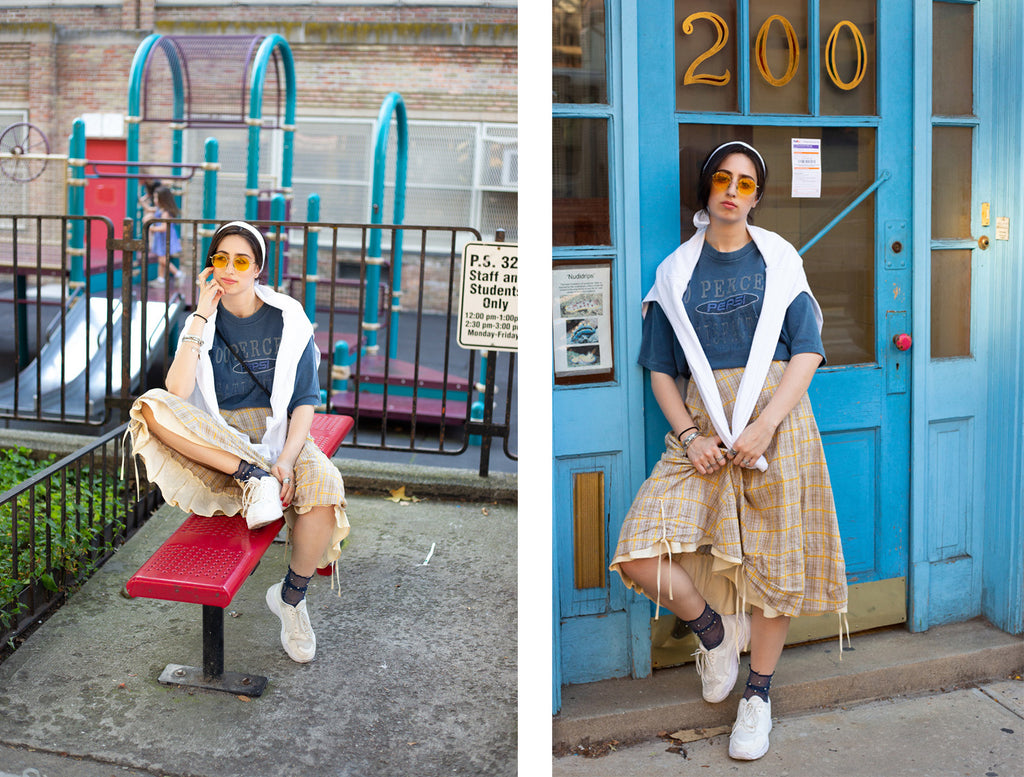 diptych of toiby sitting on bench of playground with 'p.s. 32' signage in 'perce pepsi' t-shirt and toiby in front of building door in 'perce pepsi' t-shirt.