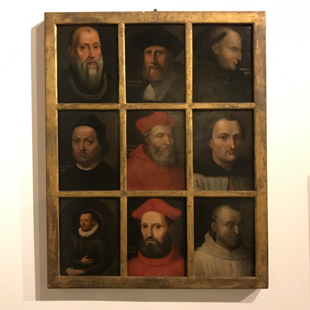 a group of portraits of people with beards and hats.