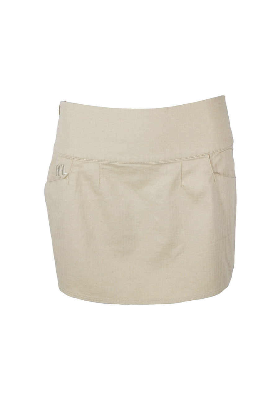 hemphoodlamb taupe mini skirt. features taupe exterior, tonal embroidered logo above exterior pocket, concealed side zipper closure and tonal stitching throughout.