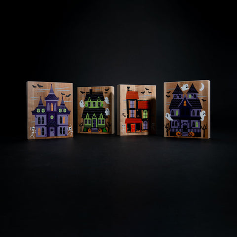 Eerie Estates by Uncle Goose - 3 Haunted Houses printed on Hard Maple Planks