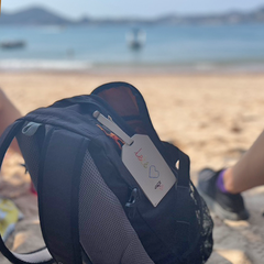 Light Grey Stitch Luggage Tag on bag at beach