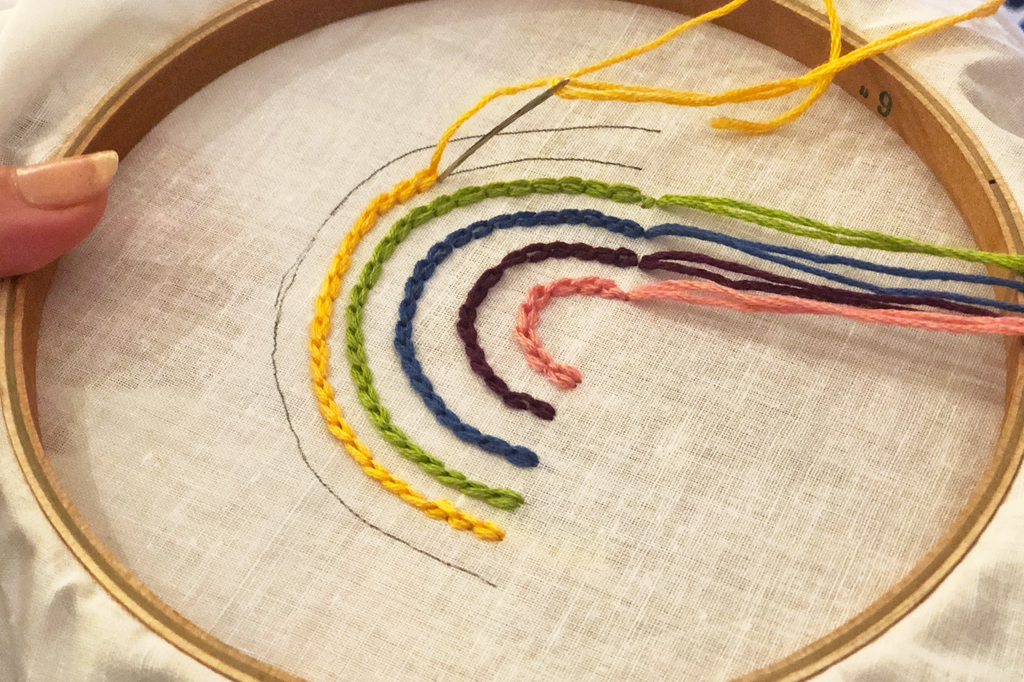 rainbow threads stitched in embroidery hoop with chain stitch