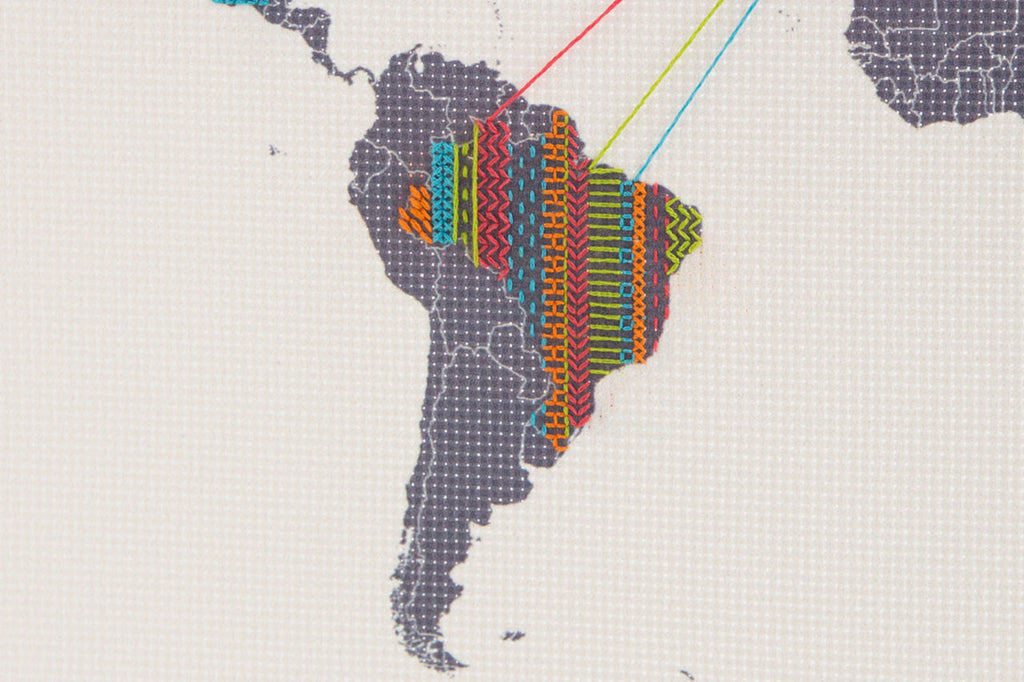 Patterned map of South America stitched in colourful thread