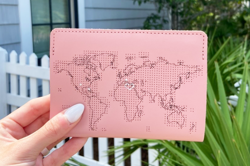 Stitch Passport Pink with heart stitched