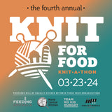 Logo for Knit for Food Knitathon, 03-23-24, a fundraiser for Feeding America, World Central Kitchen, No Kid Hungry, and Meals on Wheels. Green and orange background.