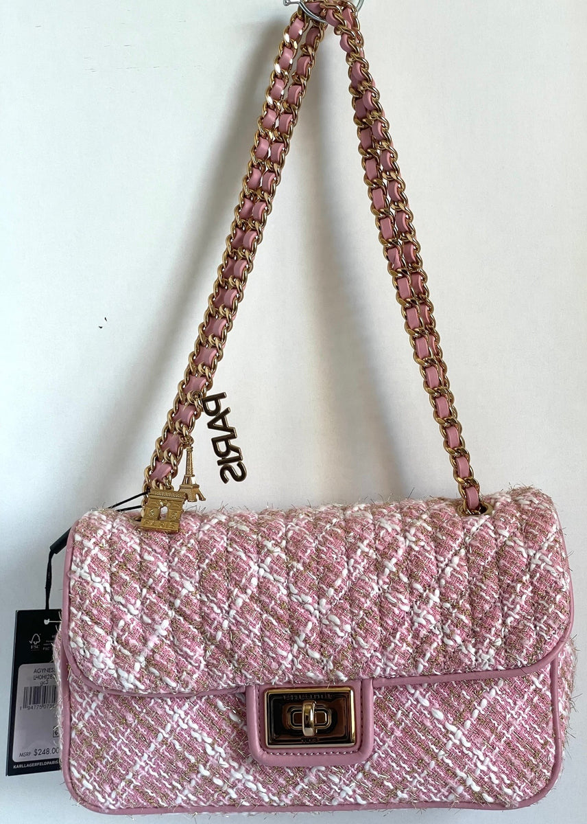 Karl Lagerfeld Shoulder Bag Womens Pink Agyness Boucle Quilted Flap Tu ...