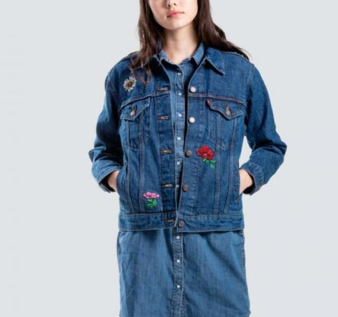 Levis Women's Ex-Boyfriend Denim Embroidered Floral Trucker Blue Jacke –  Luxe Fashion Finds