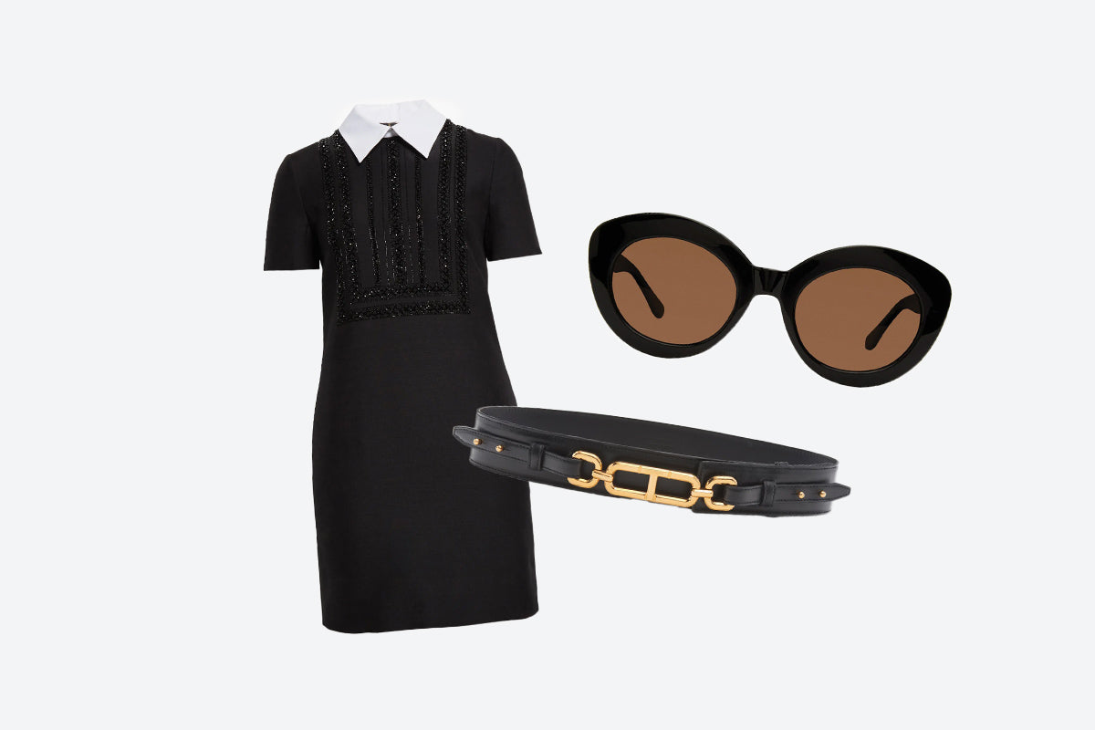 black dress with belt and sunglasses