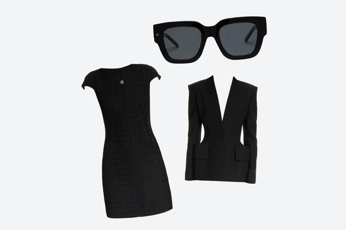 black dress with blazer and glasses