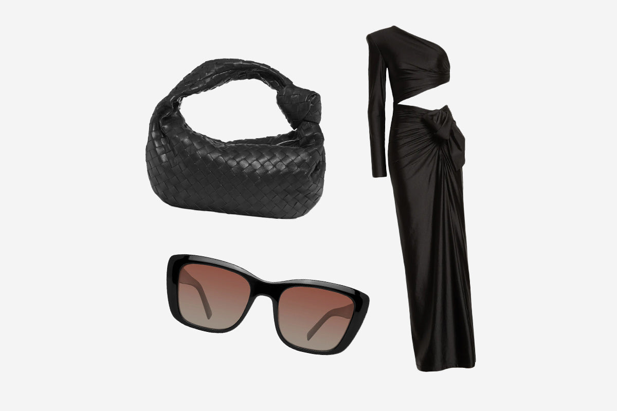 accessorize black dress with handbag and glasses