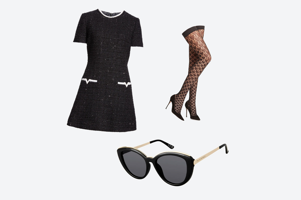 black dress with tights and sunglasses