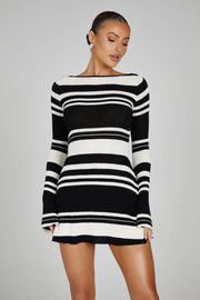 Zahra Long Sleeve Open Back Mini Knit Dress - Black - MESHKI