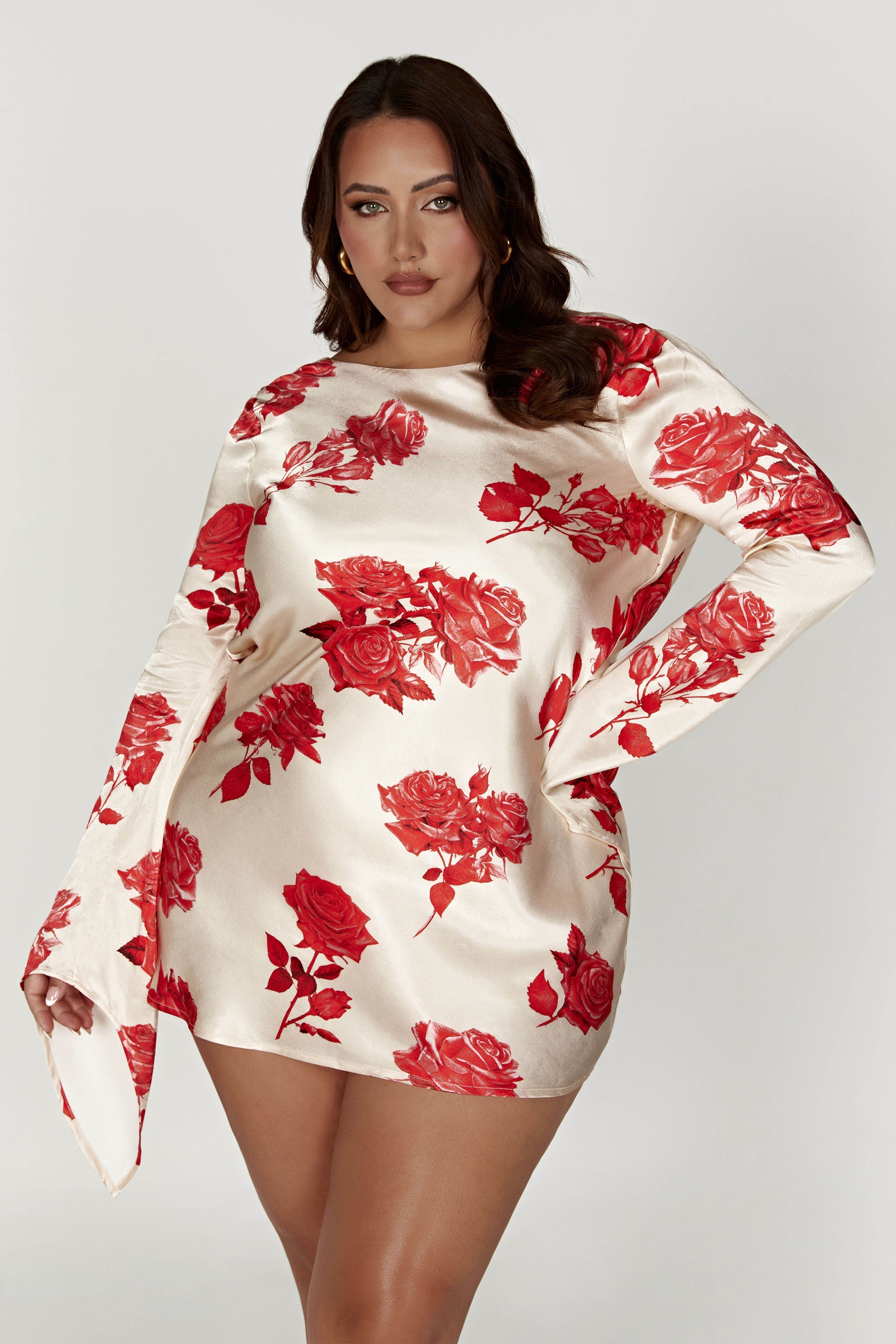 Davina Satin Long Sleeve Mini Dress - Rose Print