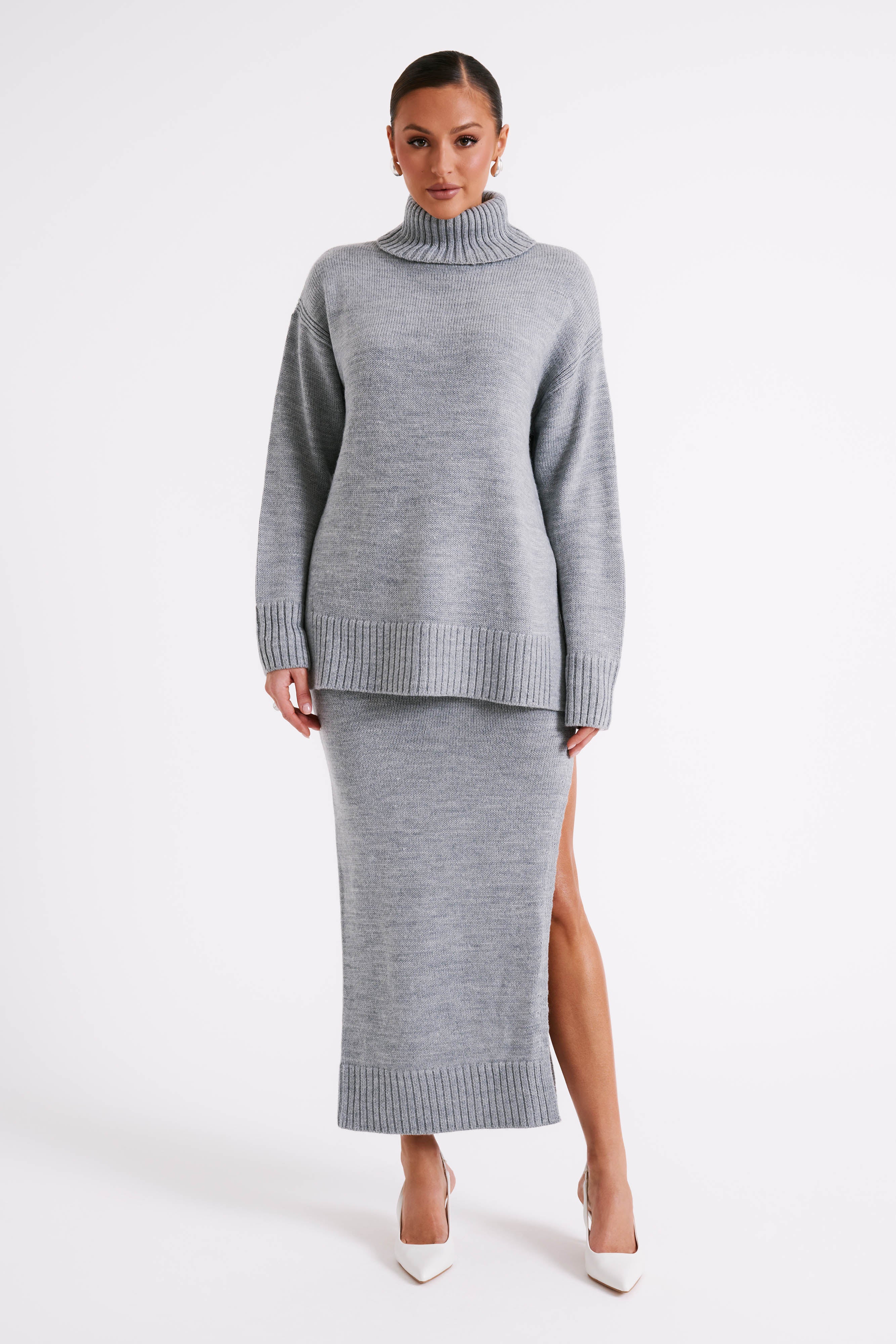 Brittany High Neck Knit Jumper - Grey Marle