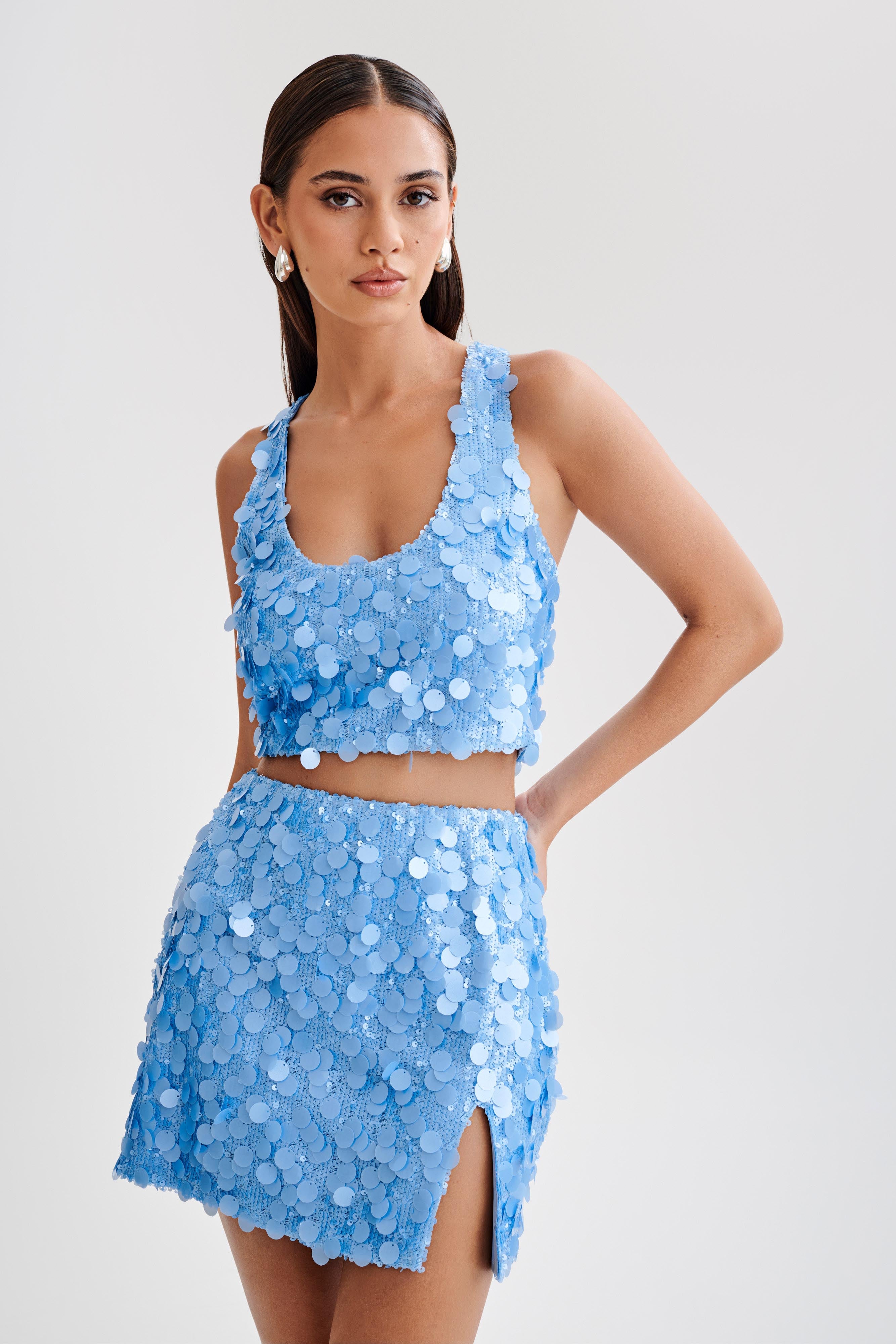 Maude Transparent Sequin Racer Crop Top - Cornflower Blue